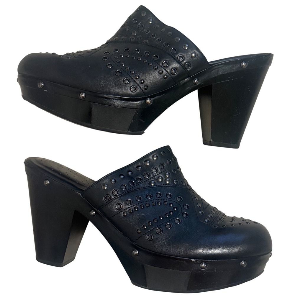 Rockport adiPRENE adidas Womens Black Studded Leather Platform Y2K Clog Mules